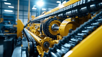 Fototapeta premium Close-up of Industrial Machinery: Conveyor Belt System and Gears