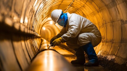 Fototapeta premium Industrial Worker Inspecting Underground Pipeline System