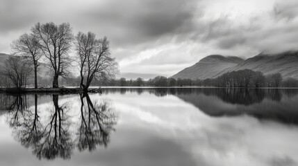 Serene black-and-white landscape featuring trees reflecting on calm water under a cloudy sky.