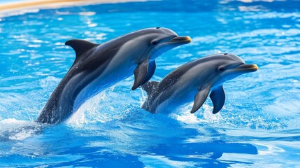 Fototapeta premium Two Dolphins Leap from the Ocean: A Breathtaking Marine Wildlife Scene
