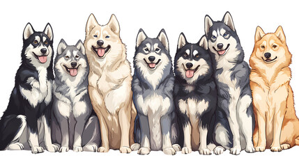 Obraz premium Funny 7 alaskan malamute dogs sitting together. Cartoon style. Transparent background. PNG