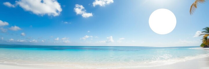 Obraz premium A vibrant tropical beach setting with palm trees, the ocean, and a clear blue sky, featuring a striking white circle in the center, ocean, summer, exotic