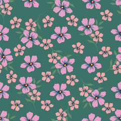 Vector seamless pattern. Pretty pattern in small flowers. Small pink, white and yellow flowers. Dark blue background. Ditsy floral background. Trendy template for fashion prints. Stock vector.