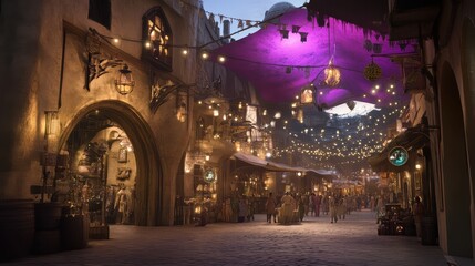 Obraz premium A bustling, enchanting street lined with shops and stalls under a vibrant purple canopy. Evening, festive atmosphere.