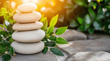 Fototapeta premium Stacked stones in nature with sunlight. Calmness, balance, zen, harmony, meditation, serenity, peace, 