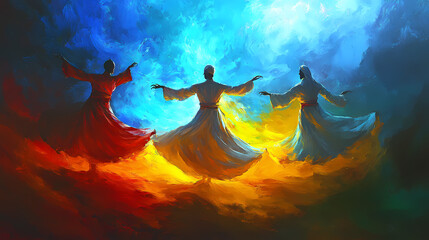 Sufi dervishes performing a whirling ceremony, mystical atmosphere, vibrant digital painting, spiritual dance. Euphoria. Illustration