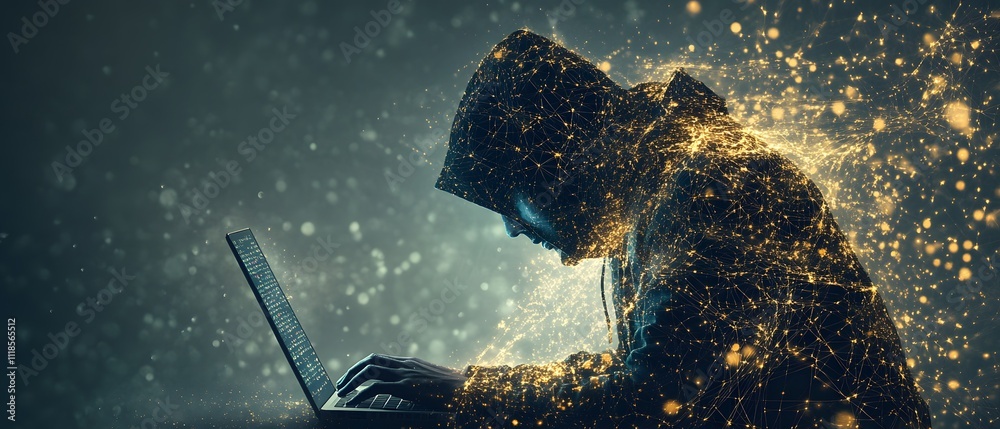 Poster mysterious figure in hooded jacket working on laptop surrounded by digital particles and glowing con