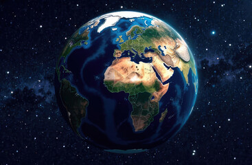 A view of the globe from space, showing a realistic earth surface and world map as seen in outer space. 
