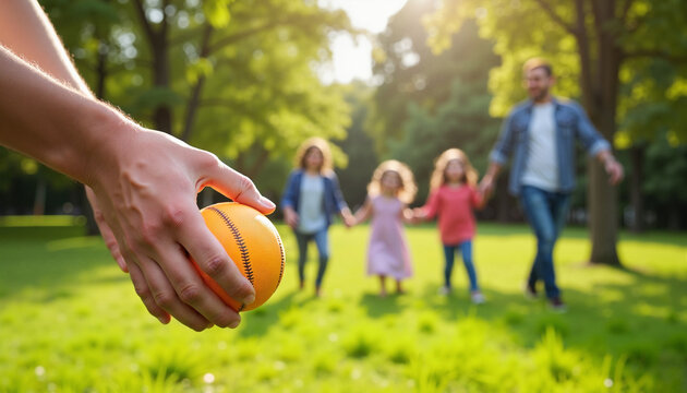Father Playing Catch with Children in Sunny Park on a Beautiful Day