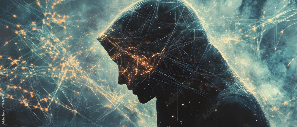 Aufkleber illuminated silhouette of a person with abstract digital connections and light effects representing 