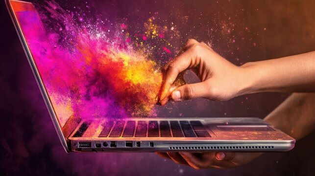A hand interacts with a laptop, vibrant colorful digital explosion erupting from the screen.