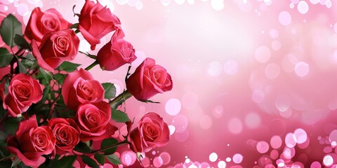 Romantic Valentine's Day background with hearts and pink and red roses on a soft pink gradient, conveying love and affection