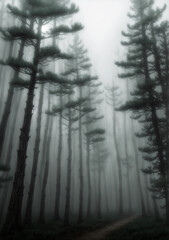 Fototapeta premium Eerie trees lined up straight on a clean, ordered path with liminal vibes