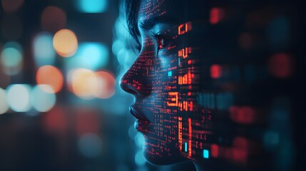 Abstract representation of a woman's silhouette reflecting digital data streams, showcasing the intersection of technology and humanity with vibrant colors and a futuristic ambiance.