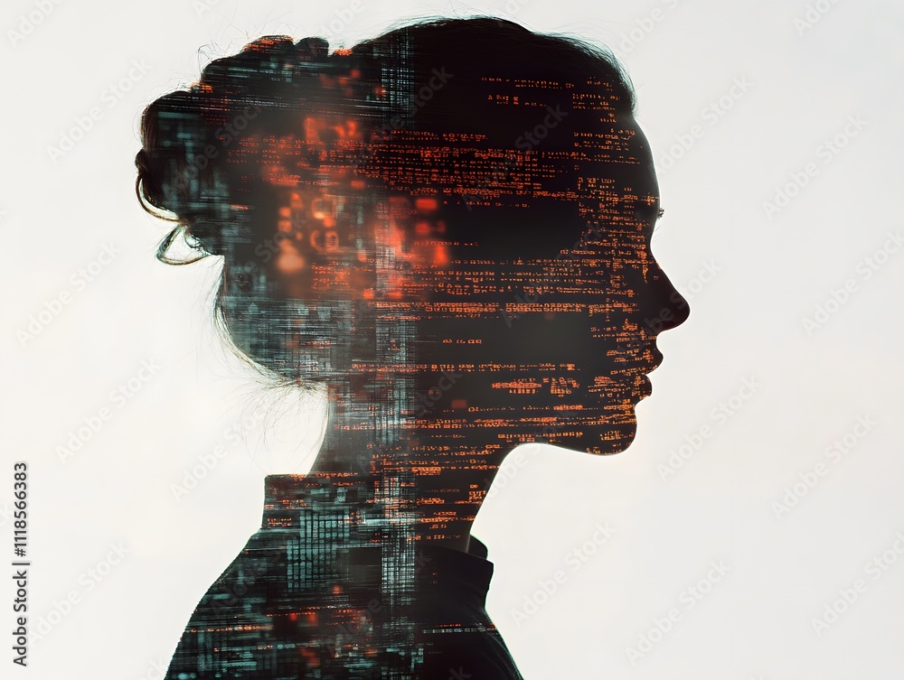 Aufkleber silhouette of a woman merging with digital code symbolizing technology, data, creativity, and innova