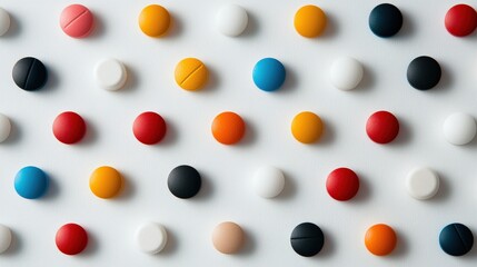 Assorted multicolored tablets and capsules lying flat on a white table, their vibrant hues creating a visually striking pattern