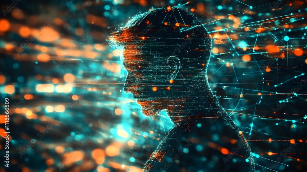 Poster Human Silhouette Surrounded by Abstract Digital Particles Representing Data Flow and Connectivity in a Vibrant Neon Environment