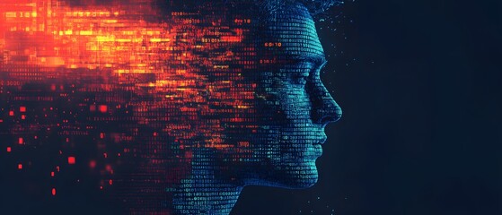 Abstract representation of human profile with digital data streams, symbolizing technology integration, artificial intelligence, and the future of human evolution in a digital age