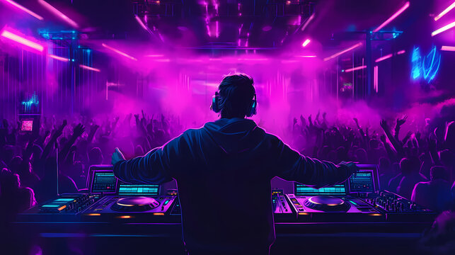 Under neon lights, a dj expertly mixes energetic tracks, captivating the crowd in an atmosphere of euphoria. Euphoria. Illustration