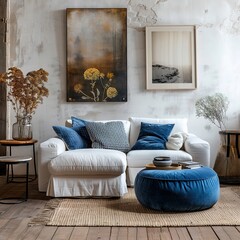 White sofa and blue armchair in living room with posters on the wall