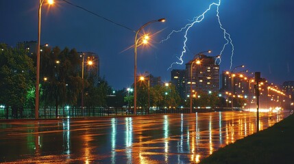 Stormy night cityscape with wet road, vibrant lightning strikes over urban street.