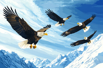 Obraz premium Four eagles soaring over a snowy mountain landscape under a blue sky.