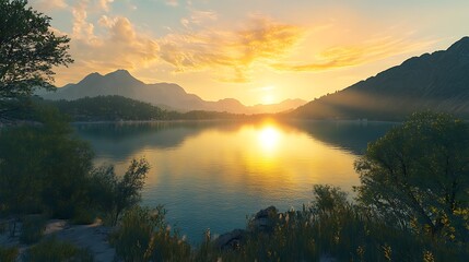 Serene Sunset Over Mountain Lake And Trees