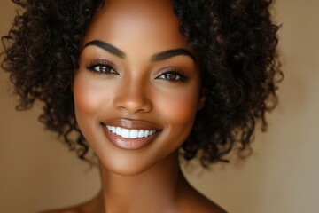 Natural beauty radiates from a smiling woman with curly hair in a close-up portrait taken in warm lighting against a neutral background
