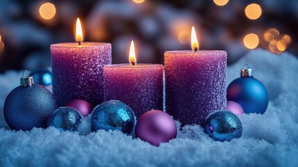 Candles glow beside colorful ornaments in winter snow creating a cozy holiday atmosphere