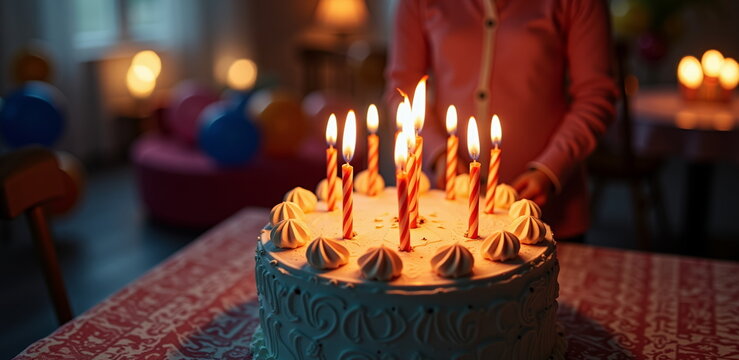 Lit birthday cake with candles on festive table