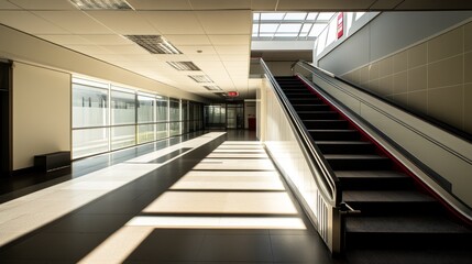 Obraz premium A modern corridor with natural light and a staircase, emphasizing architectural design and space.
