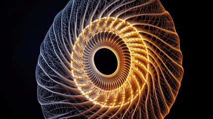 Abstract circular design with intricate, swirling, golden lines and a dark center.