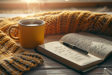 otwarty notes z piórem, parującą filiżankę w żółtym kubku i ciepły, dzianinowy koc w promieniach miękkiego światła.