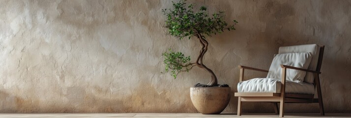 Rustic Living Room Interior with Stylish Armchair, Bonsai Tree, and Copy Space on Beige Stucco Wall