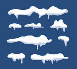 Set of snow caps and snowballs, winter decoration snowy elements. Christmas cartoon design. Vector illustration.