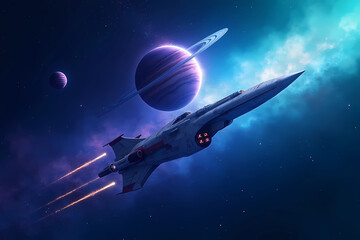 Naklejka premium A futuristic spaceship floating in outer space against the backdrop of planets and nebulae 
