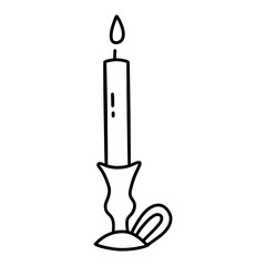 Burning candle in antique candlestick with handle. Black and white vector isolated illustration hand drawn doodle. Winter holiday season. Lighting element icon clip art