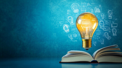 An open book with a colorful background and light bulb, knowledge art, magical sparks, symbolizing the enchanting, abstract  beautiful background.