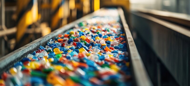 Colorful plastic pellets on conveyor belt in recycling plant.