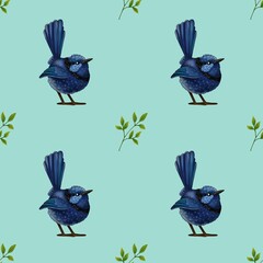 Small Blue Bird with Green Leaves Seamless Pattern on a Mint Background