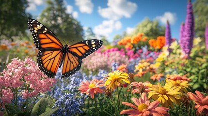 Monarch butterfly over vibrant wildflowers in a sunny meadow.