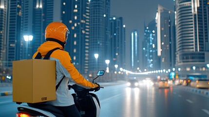 A food delivery rider wearing an orange helmet and jacket rides a motorbike through the vibrant streets of Dubai during the evening. The bright city lights create a lively atmosphere
