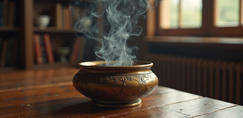 Steaming ornate metal bowl on wooden table