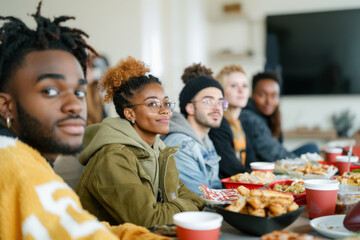 Fototapeta premium Friends watching Super Bowl football game eating snacks together at home