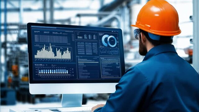 A professional engineer in a hard hat examines detailed data on a large computer monitor in a bustling industrial environment filled with machinery
