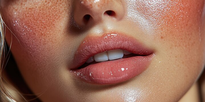 Close-up of glowing skin and soft lips with natural makeup highlighting a beauty trend during golden hour