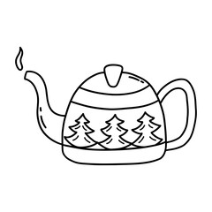 Cute teapot with print of Christmas trees and falling snow. Hot tea. Steam comes out of the spout. Winter cozy season. Black and white vector isolated illustration hand drawn. Icon clip art or card