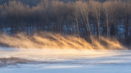 Golden snow drifts across a snowy field at sunrise, backlit by the rising sun.