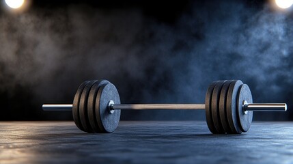 Dark gym setting with a barbell prominently displayed in the foreground. Fog hovers over the barbell, enhancing the dramatic atmosphere created by overhead spotlights