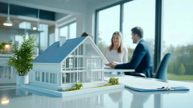 Real estate professionals discussing property agreement with clients, showcasing a detailed model house in a bright, contemporary office environment